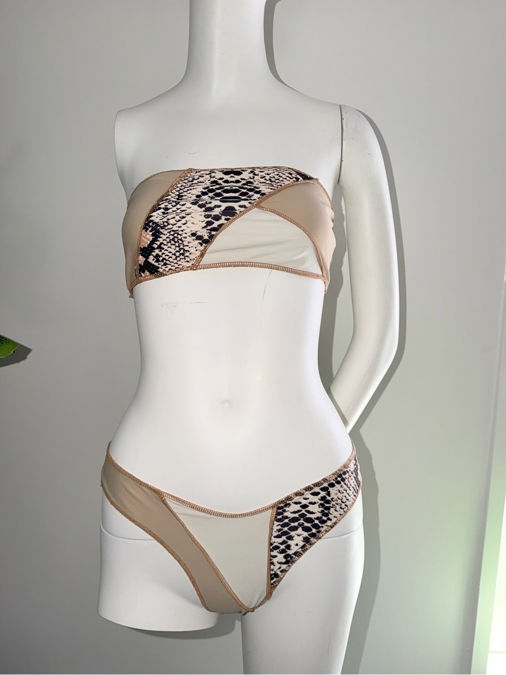 SHEIN Beige and Snake-Print Strapless Bandeau Bikini Set
